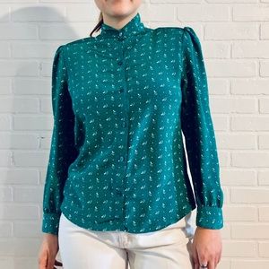 70s Green Paisley Top Button Up Top Shirt Size S M